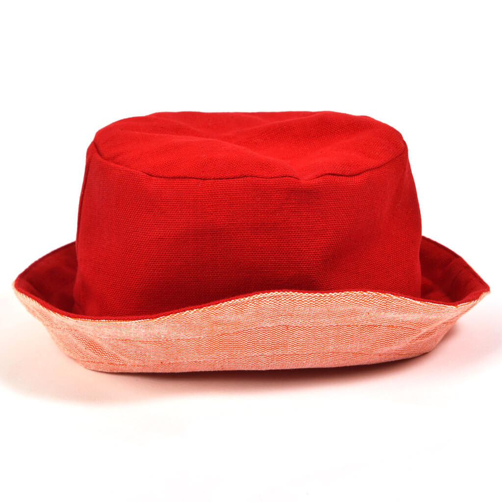 Hand Woven Child Bucket Hat | Bright Red with Heather Orange Lining "charming accident"