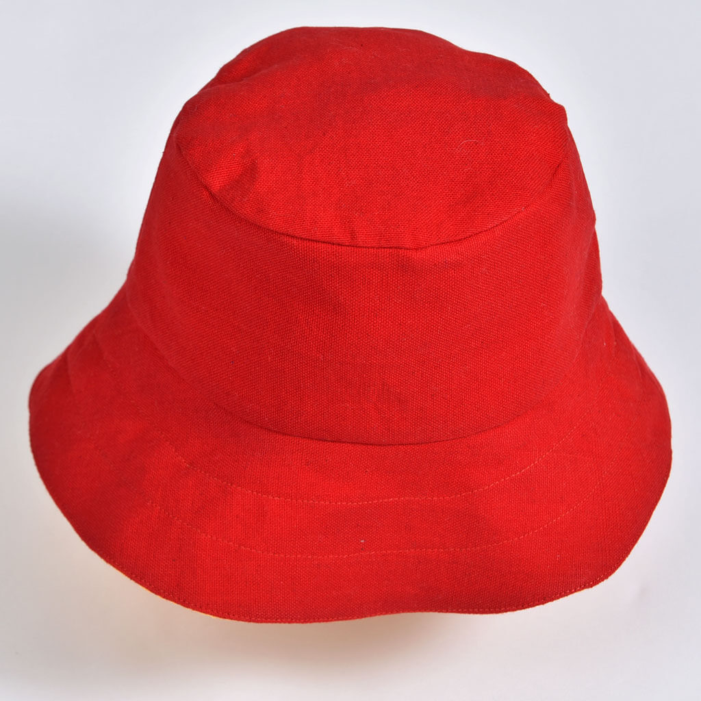 Hand Woven Child Bucket Hat | Bright Red with Apricot "charming accident"