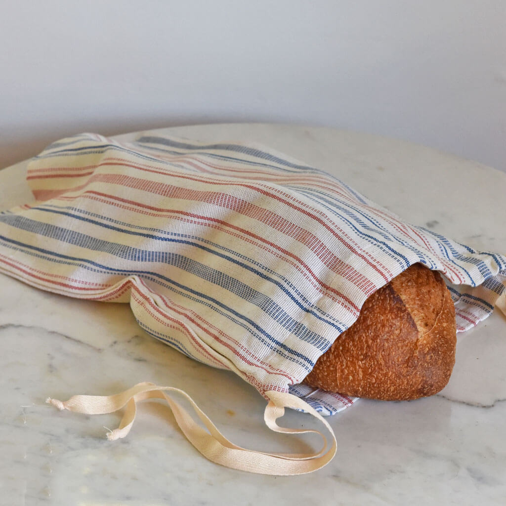 Ticking with blue stripes bread bag. 