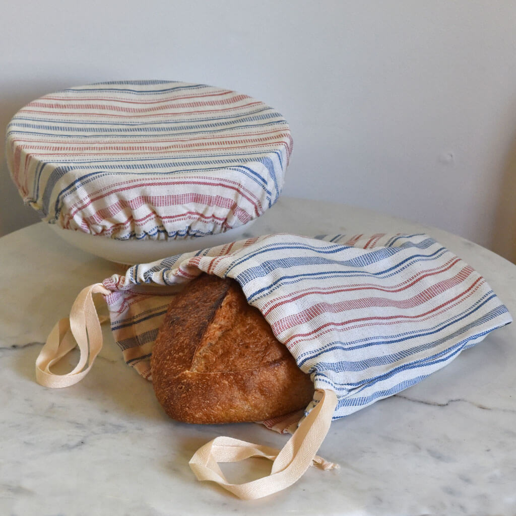 Ticking red and blue, bread bag and bowl cover. 