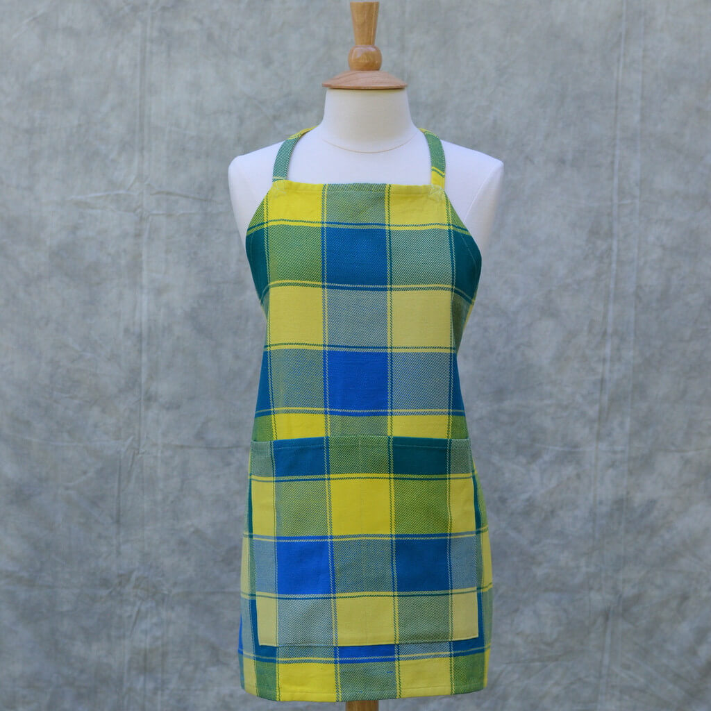 Yellow and blue square design bib apron.