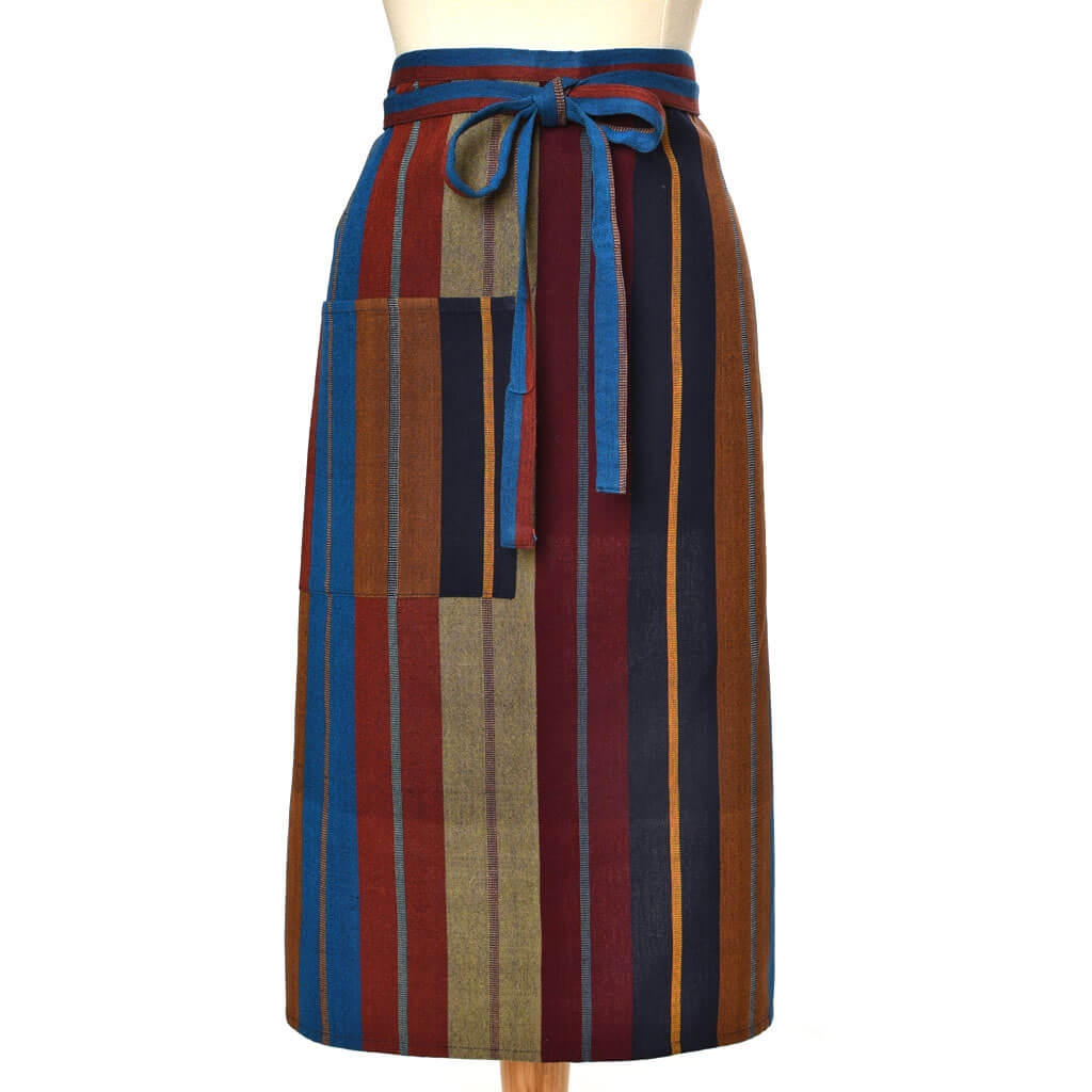 Navy, Marron, yellow and brown bistro apron. 