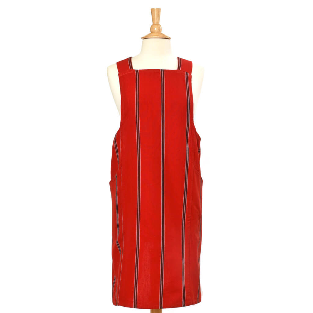 Red with black and white stripes, Crossback apron.