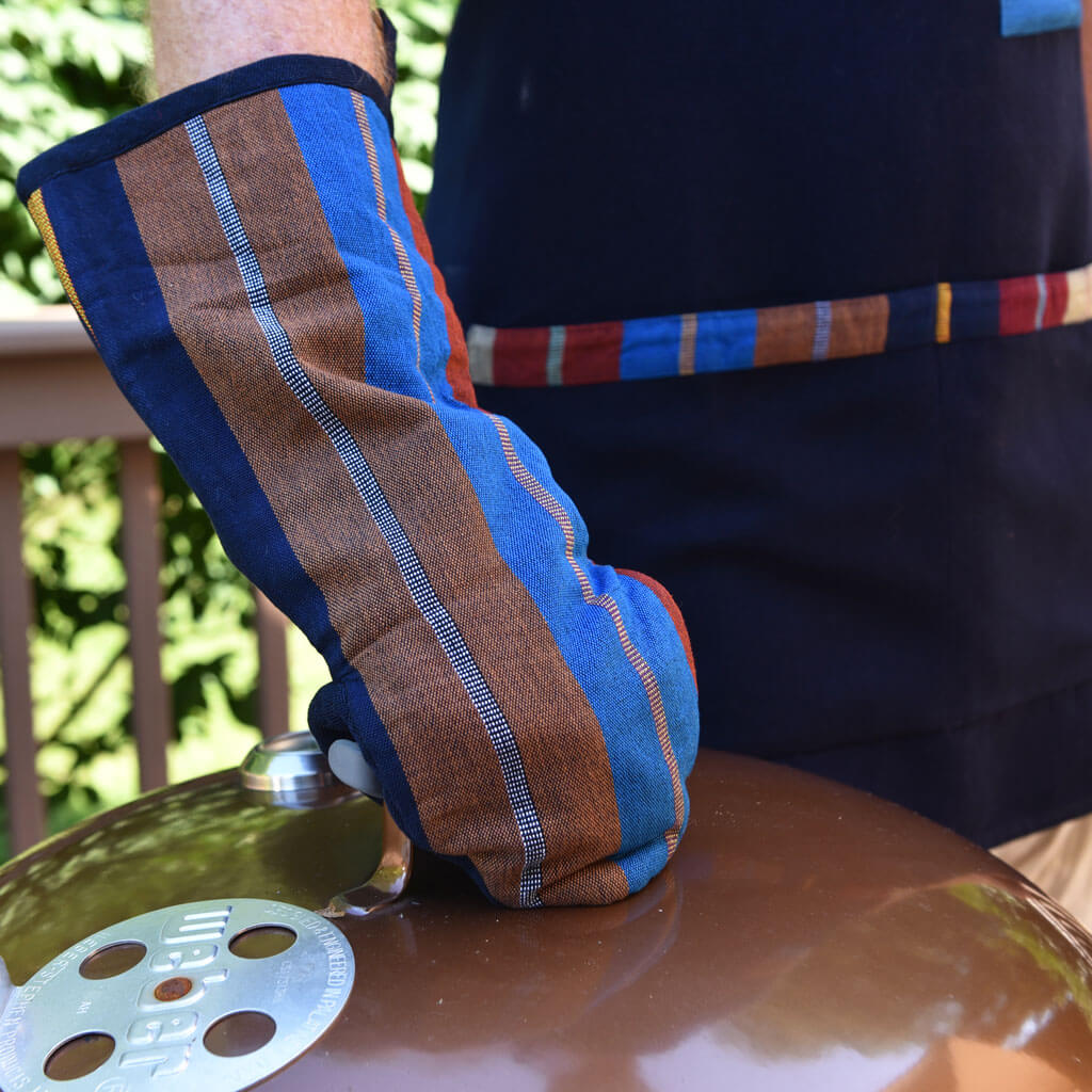 Blue, brow and navy stripes Barbeque mitt and Utility apron.  