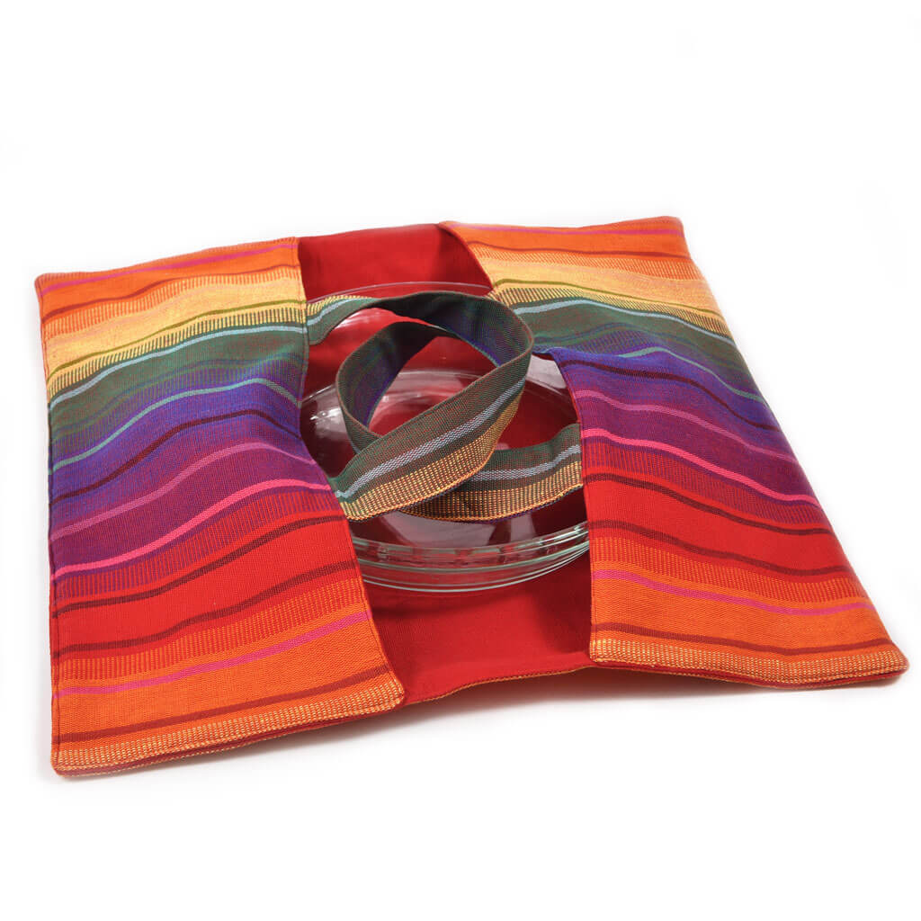Hand Woven Covered Dish Tote | Bright Rainbow Stripes