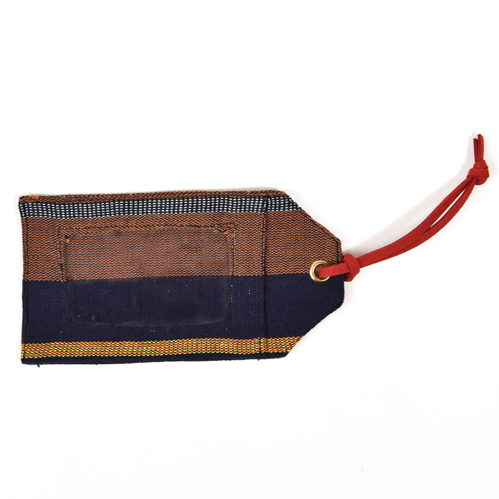 Navy, yellow and brown luggage tag.