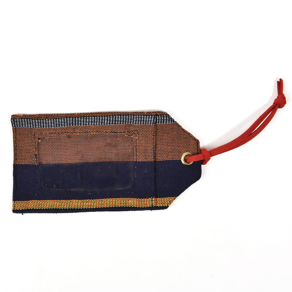 Navy, yellow and brown luggage tag. 
