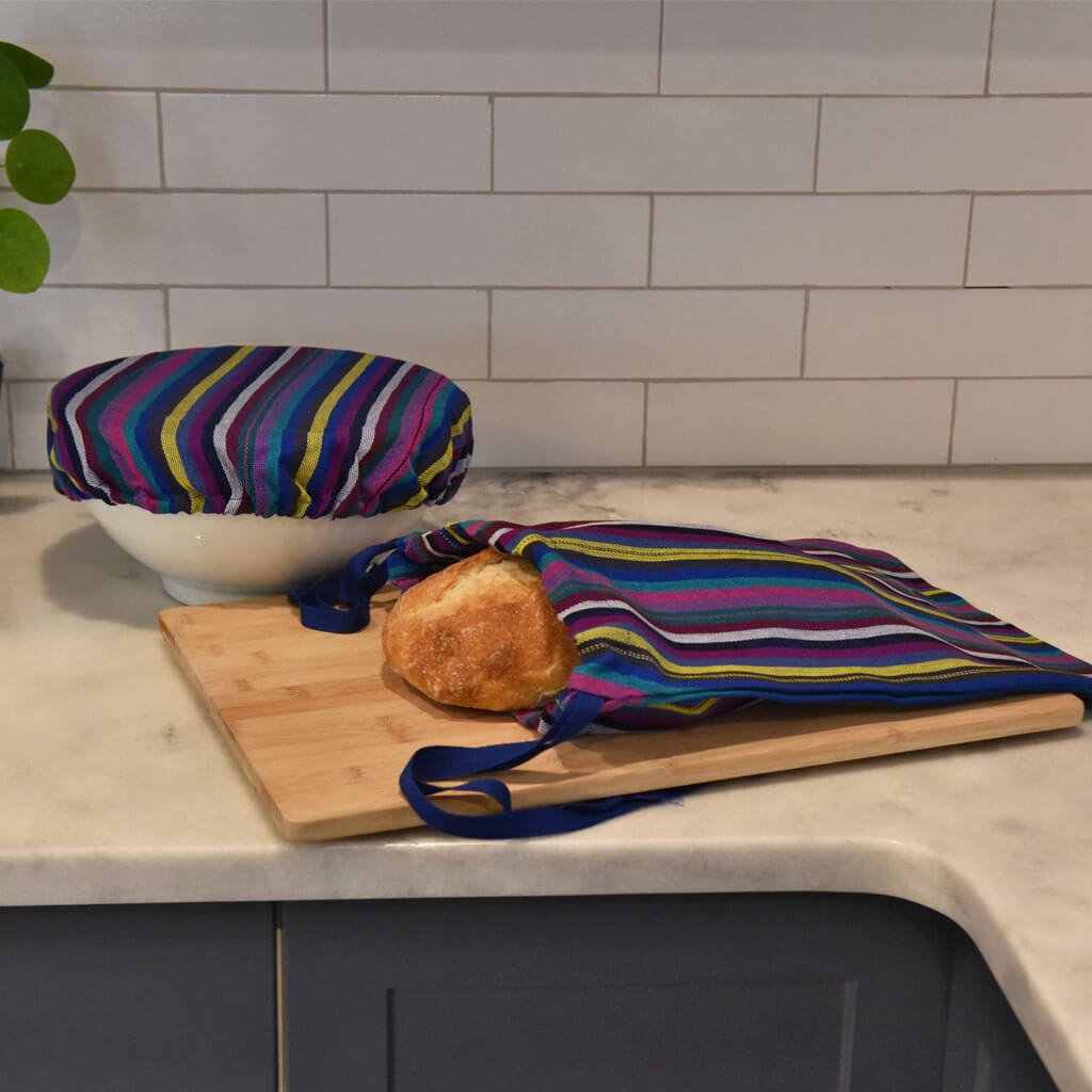 Cobalt with stripes, bread bag and bowl cover. 