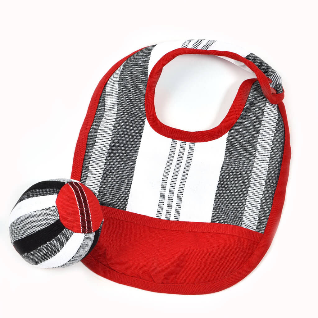Red, Black and white. Baby bib and ball.