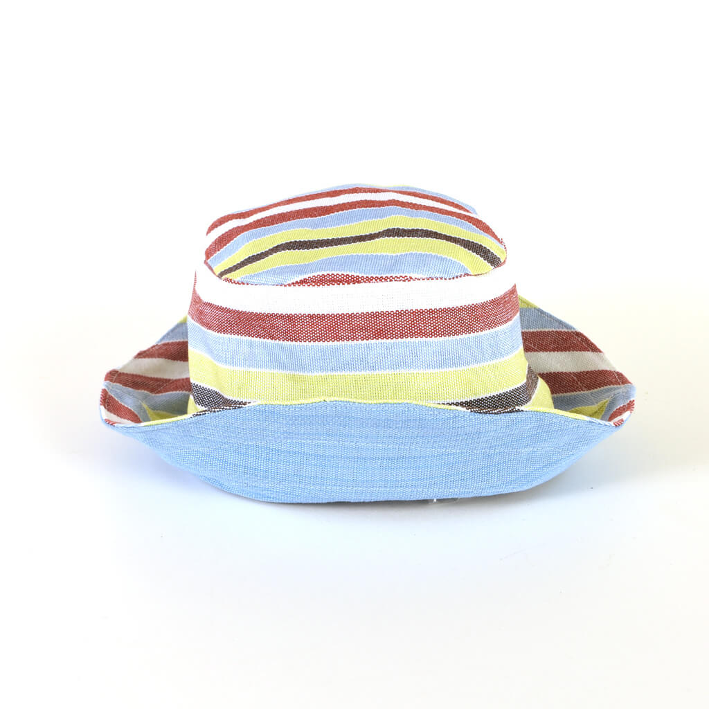 Brown, blue yellow stripes child bucket hat.