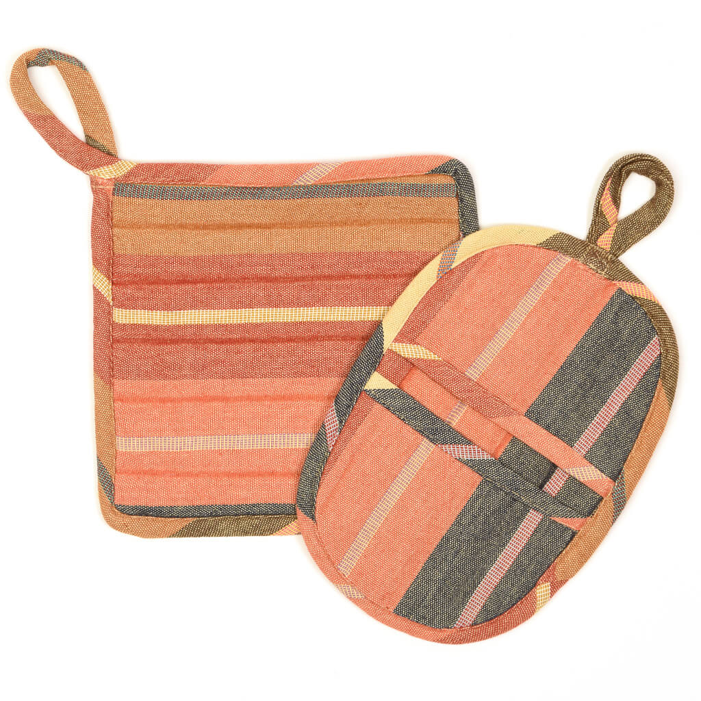 Hand woven Potholder Gift Set | Wide Caramel Stripes