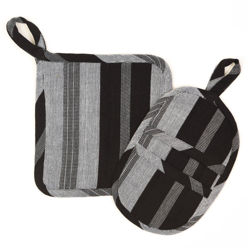 Hand woven Potholder Gift Set | Black & Gray Stripes