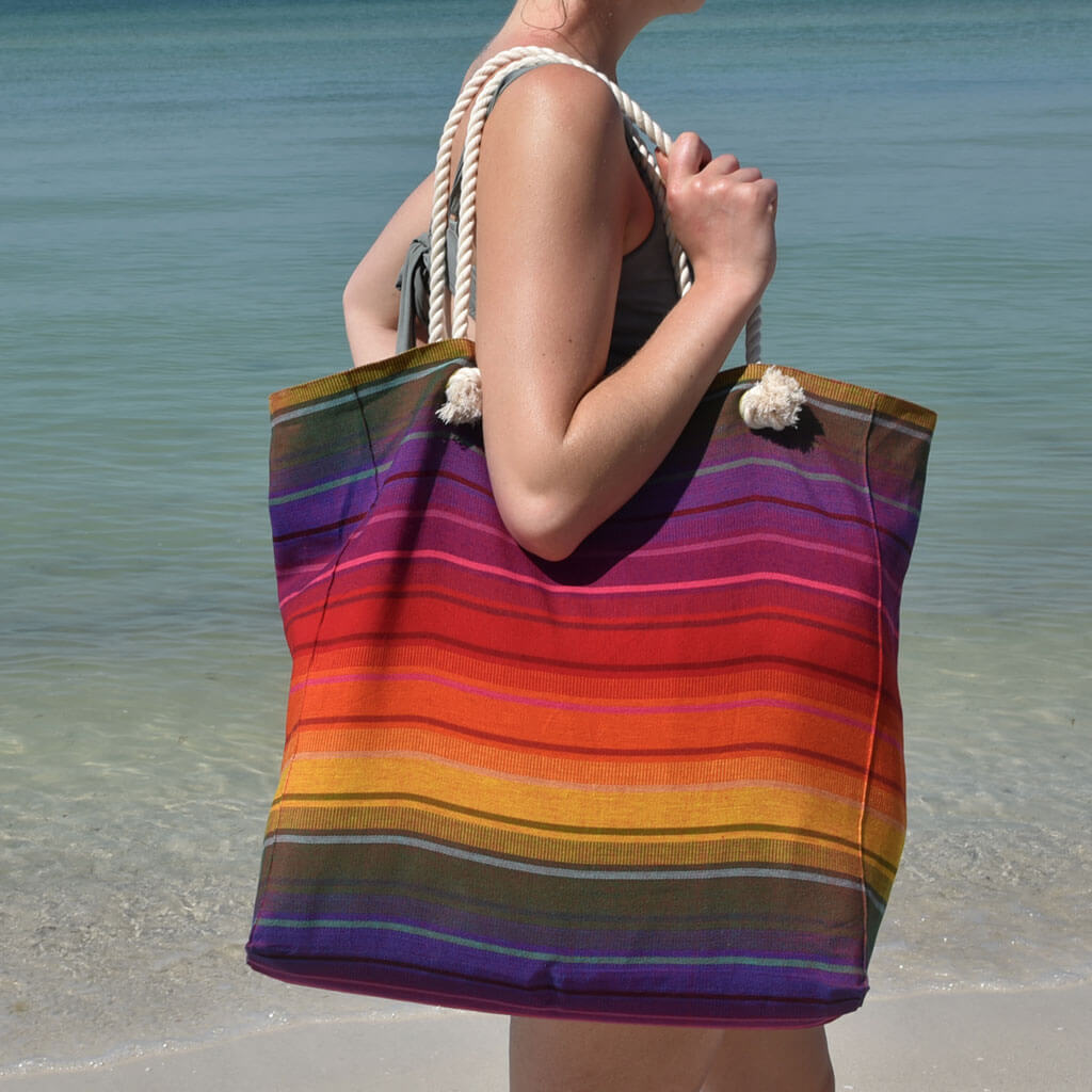 Hand Woven Beach Tote Bag | Bright Rainbow Stripes