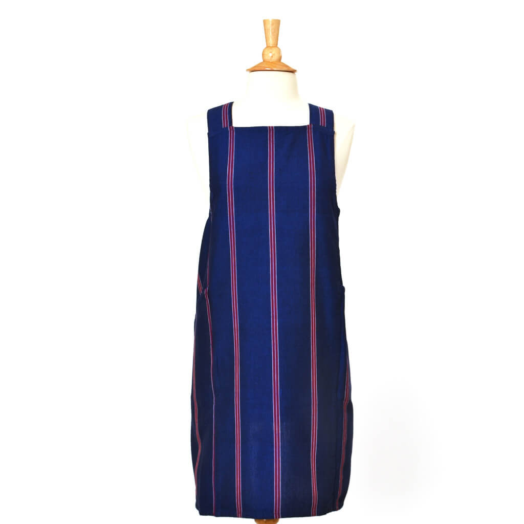 Blue with red and white stripes, crossback apron.