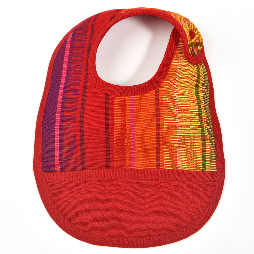 Hand woven Baby Bib | Red Rainbow Stripe