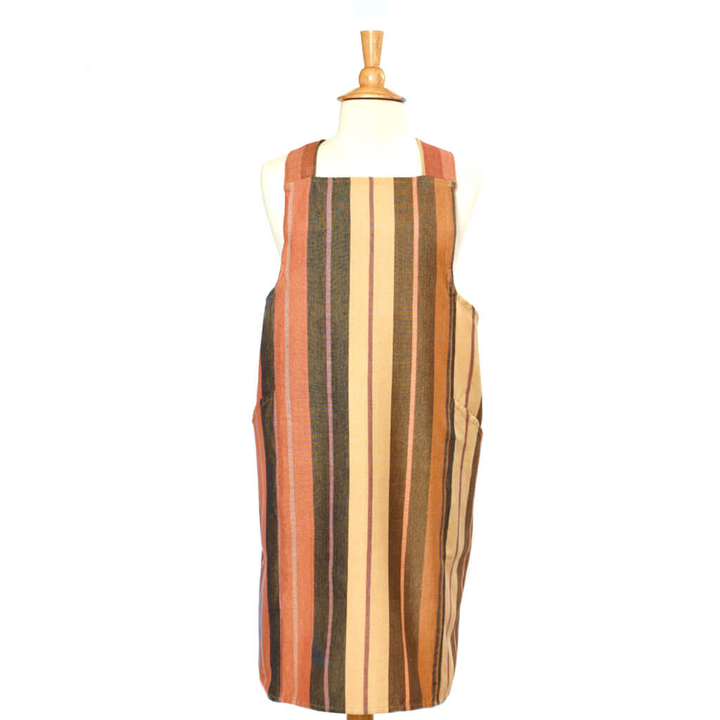 Brown, yellow and orange crossback apron.