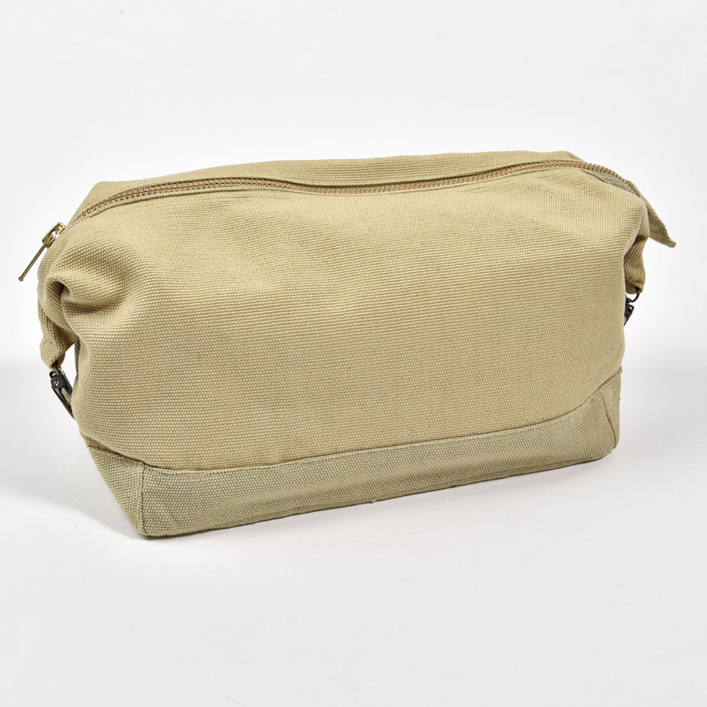Hand Woven Toiletry Bag | Khaki Canvas with Sage Base "Charming Accident"