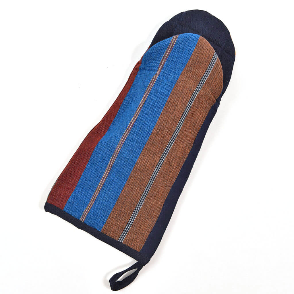 Navy blue, maroon, beige, and blue Barbecue Mitt.