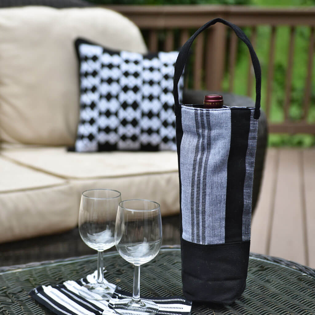 Hand Woven Wine Bottle Tote | Single in Black & Gray Stripe