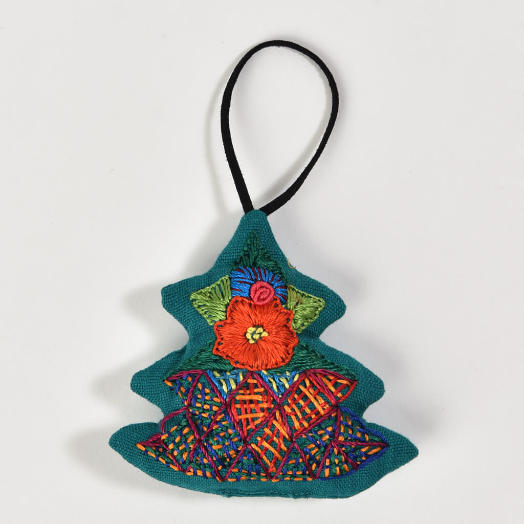 Teal tree embroidered Christmas ornaments.