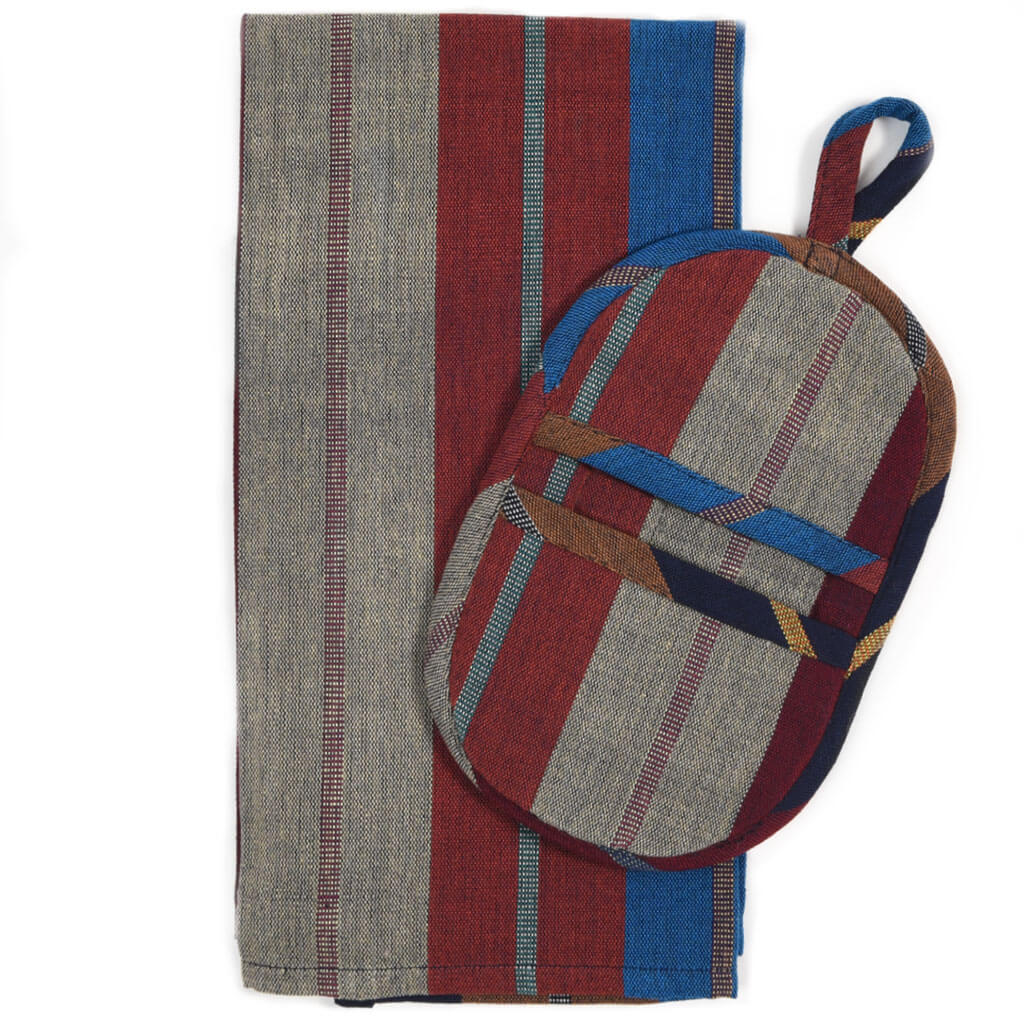 Hand Woven Dish Towel & Pot Holder Gift Set | Wide Indigo Stripes
