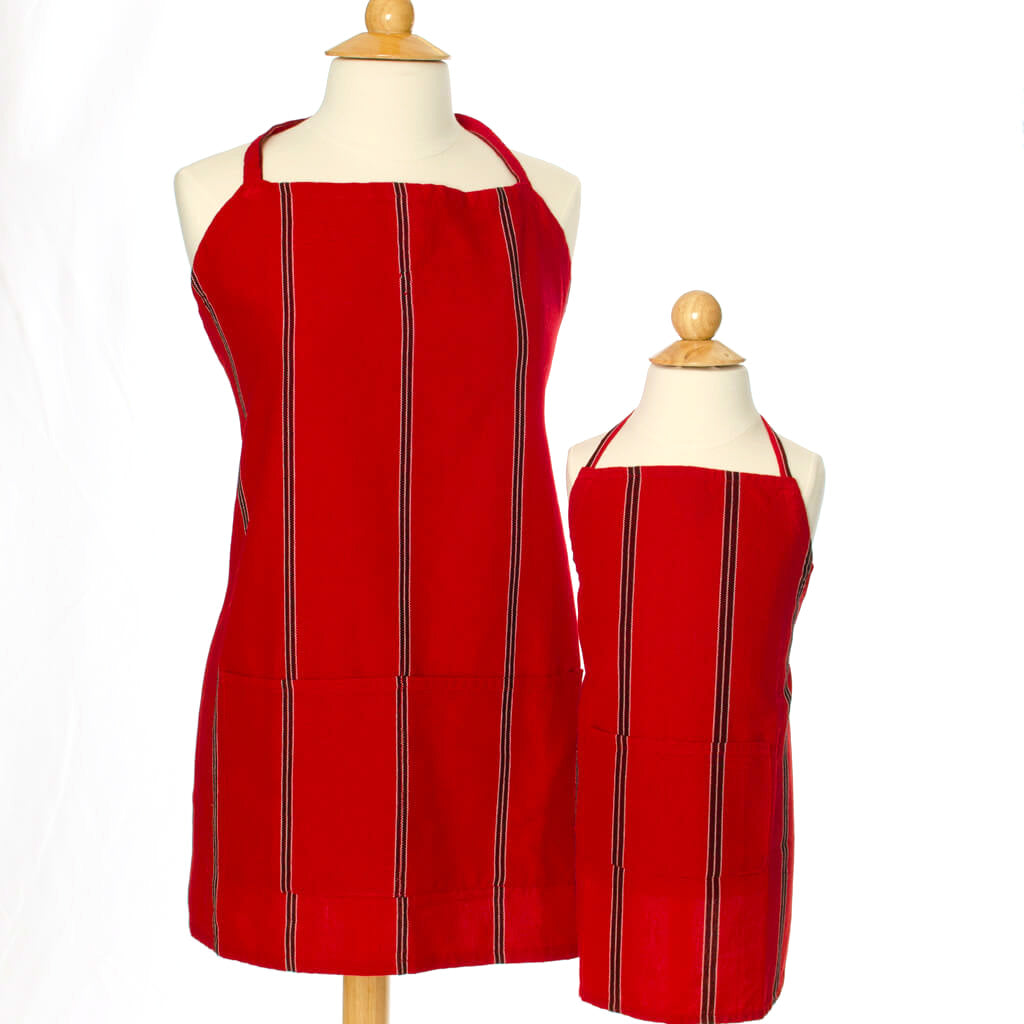 Child & Adult Matching Hand Woven Bib Aprons | Cajola Red Stripes