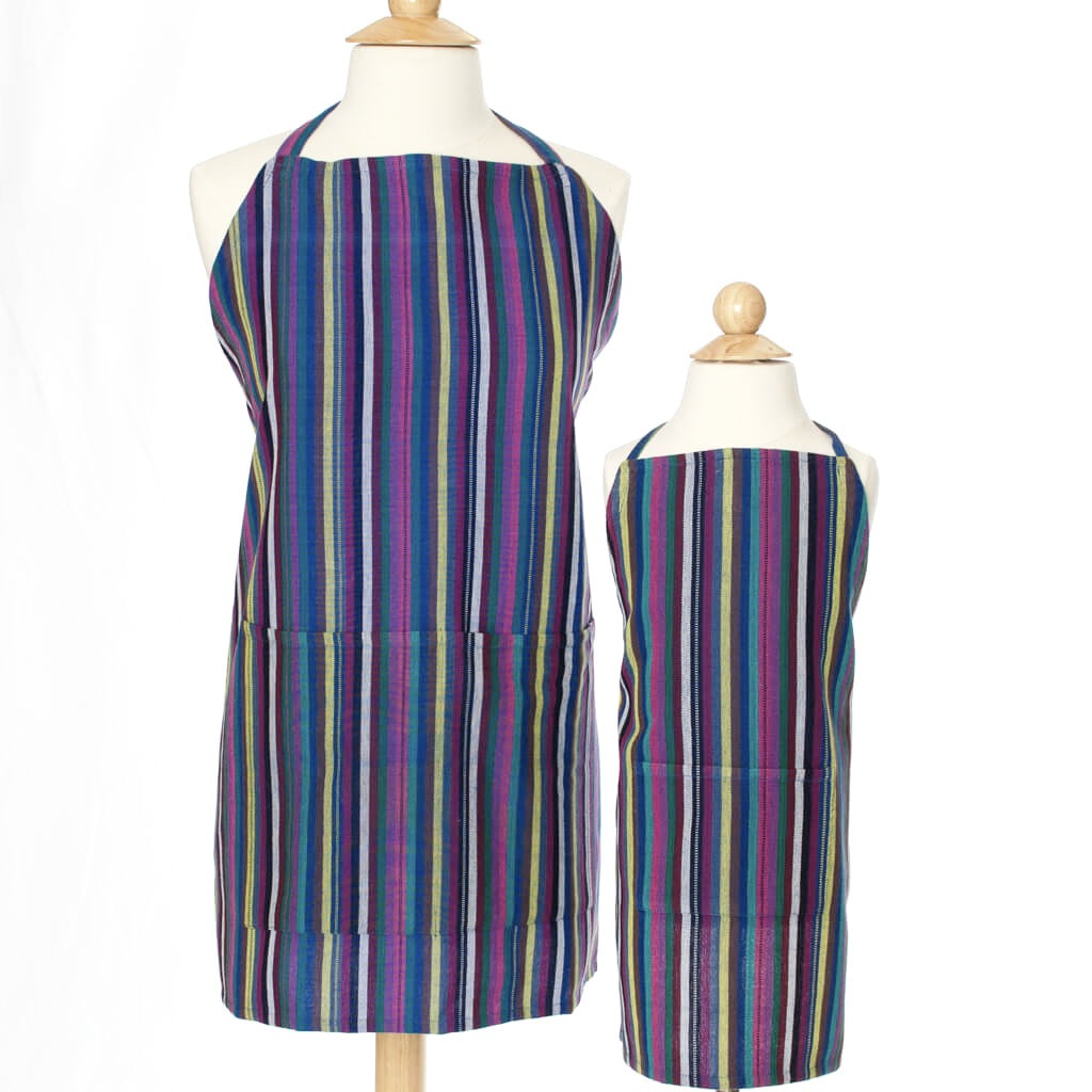 Blue with stripes child and adult matching aprons.