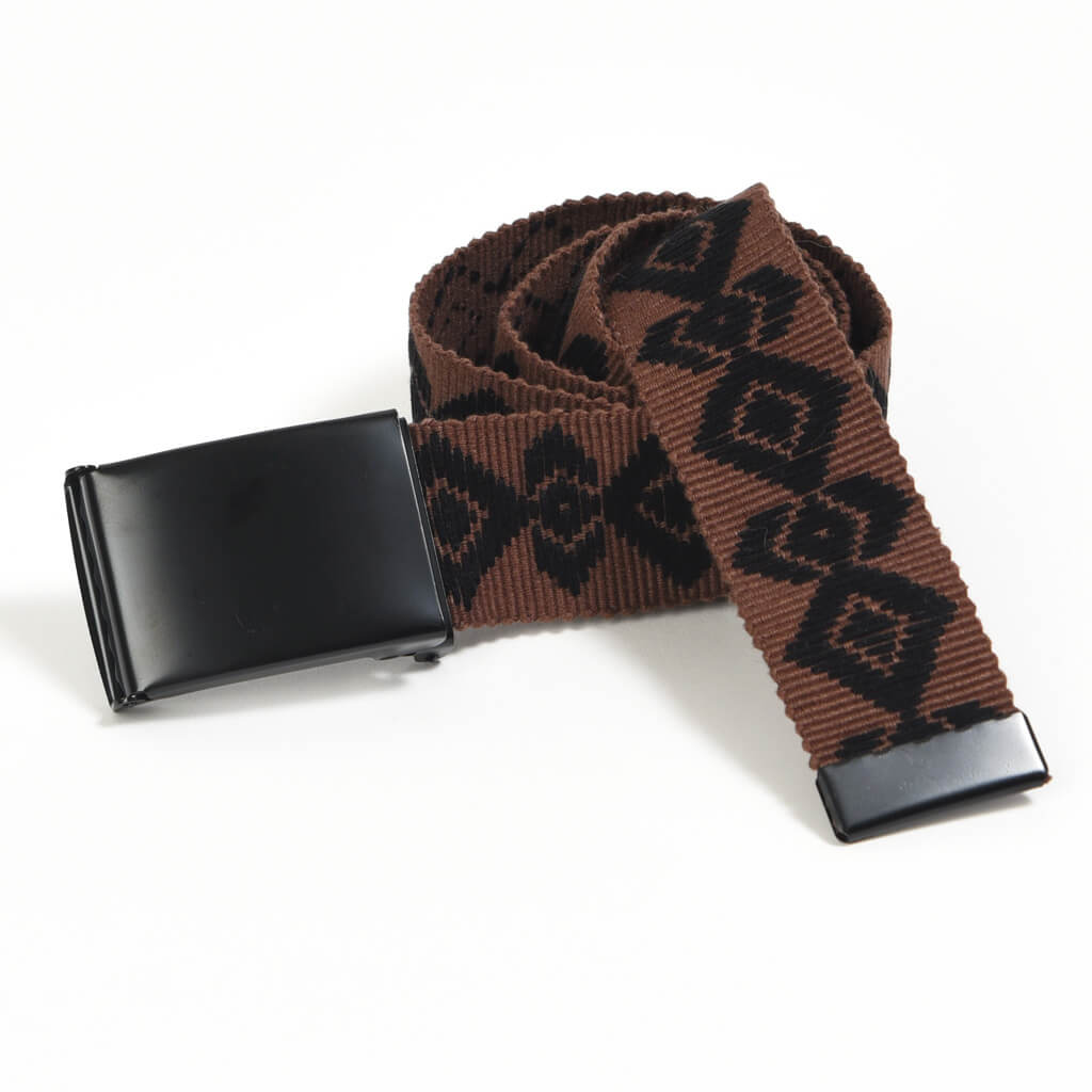 Mens handwoven belt black embroidery on brown background canvas.