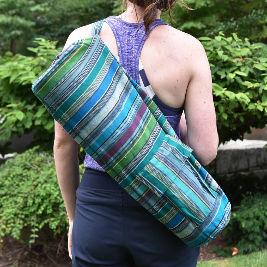 Turquois striped yoga bag.