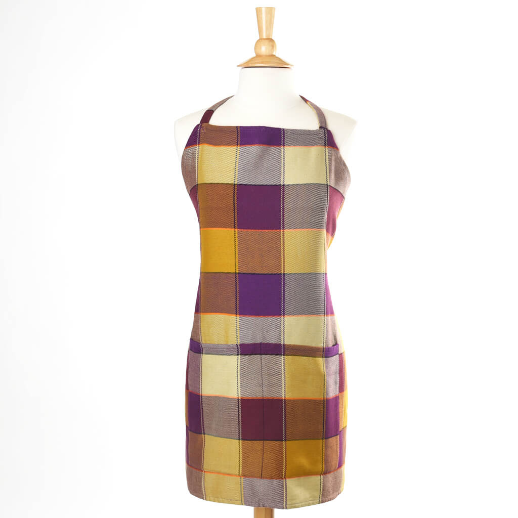 Yellow, Brown and purple square design bib apron.  