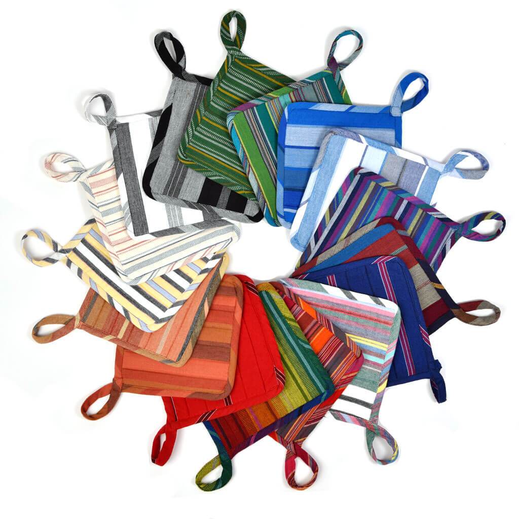 wheel of colorful striped square pot holders