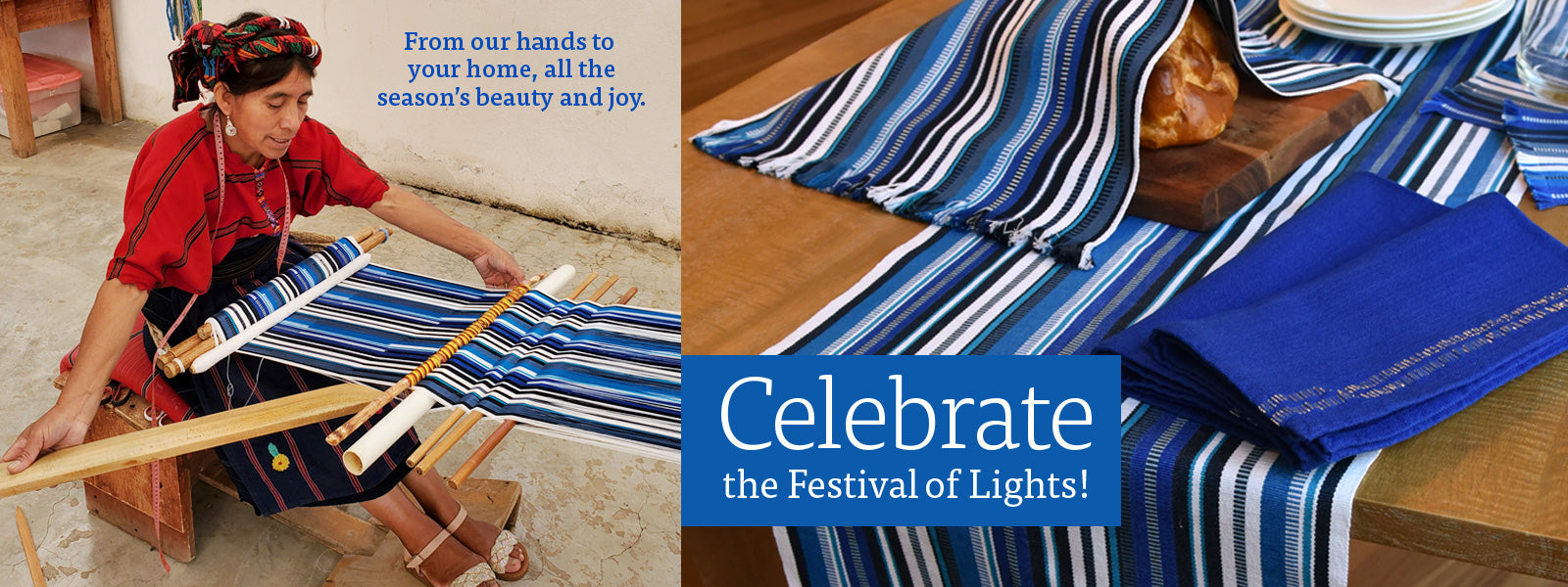 Fair Trade blue & white table linens hand woven in Guatemala by Mayan women's weaving cooperative.