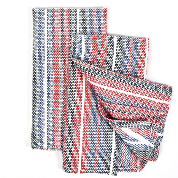 Hand Woven Hache Dish Towel with Dish Cloth | Blue Gray & White Stripes  with Border