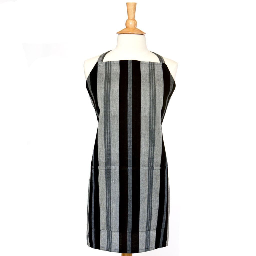 Hand Woven Bib Apron | Black & Gray Stripes