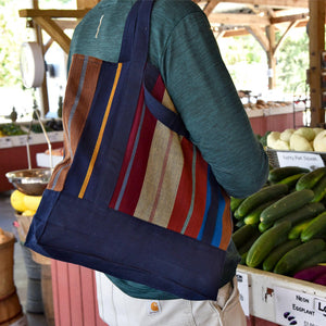 Blue, Navy, Marron, and brown striped Market tote. 