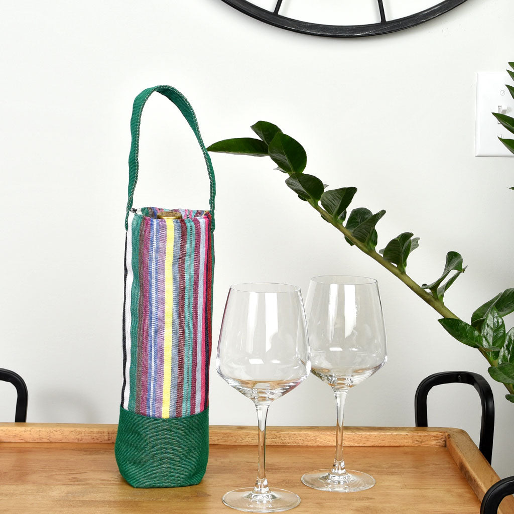 Hand Woven Wine Bottle Tote | Single in Soft Multi Stripe