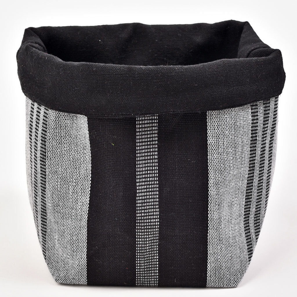 Handwoven Fabric Storage Basket | Black & Gray Stripes