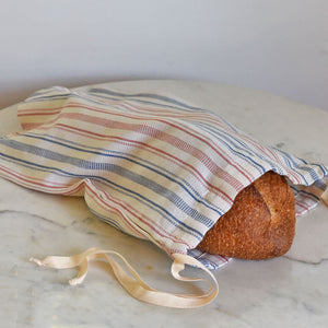 Ticking with blue stripes bread bag. 