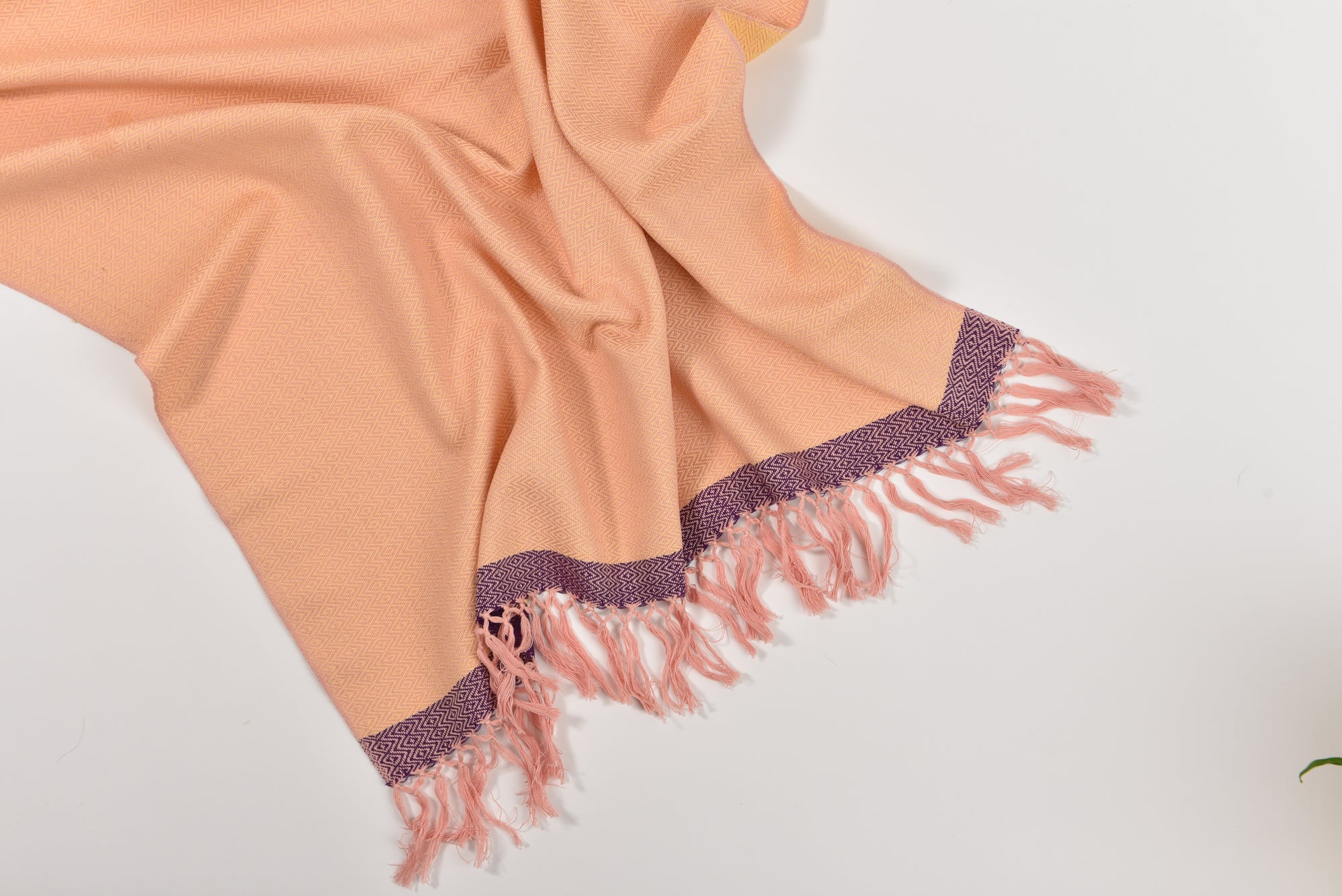 Hand Woven Soft & Neutral Shawl | Rose Pink and Butter with Violet Border