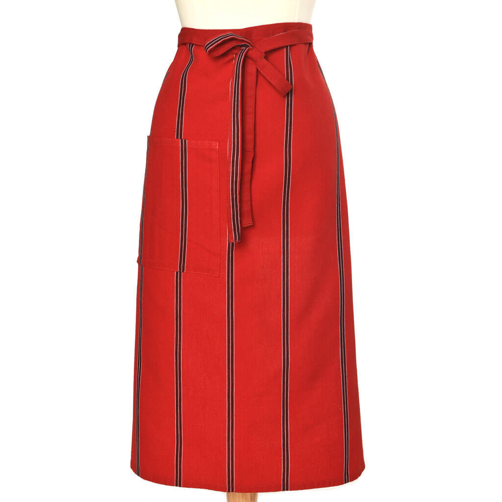 Red with black and white stripes, bistro apron.