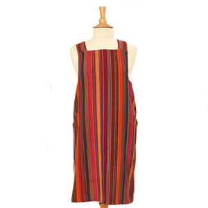 Magenta with stripes, cross back apron.