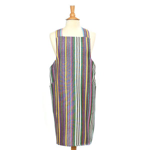 greens, blues, magenta and white. Crossback apron. 