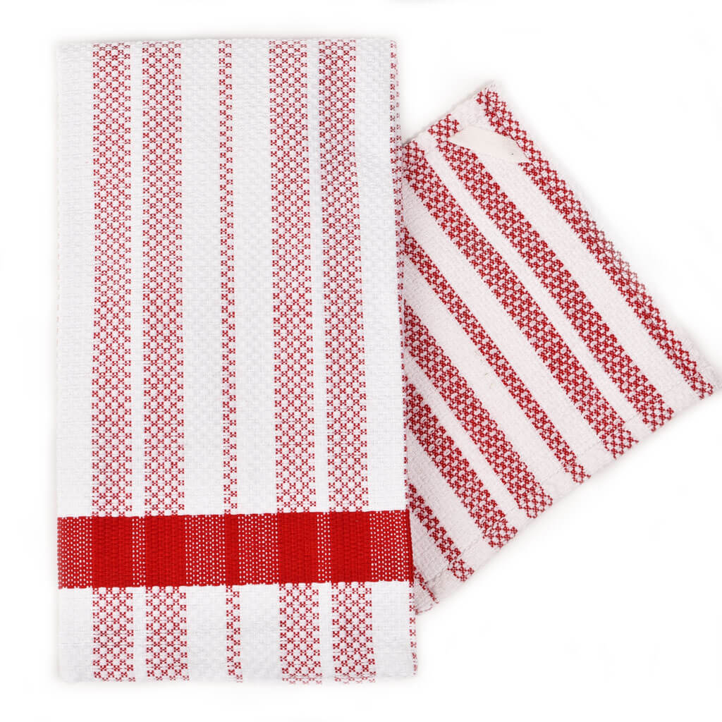 Hand Woven Hache Dish Towel with Dish Cloth | Red & White Stripes with Red Border