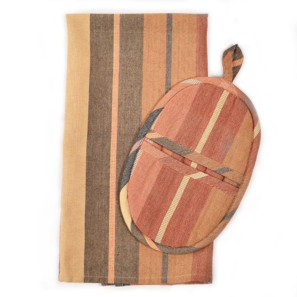 Hand Woven Dish Towel & Pot Holder Gift Set | Wide Caramel Stripes