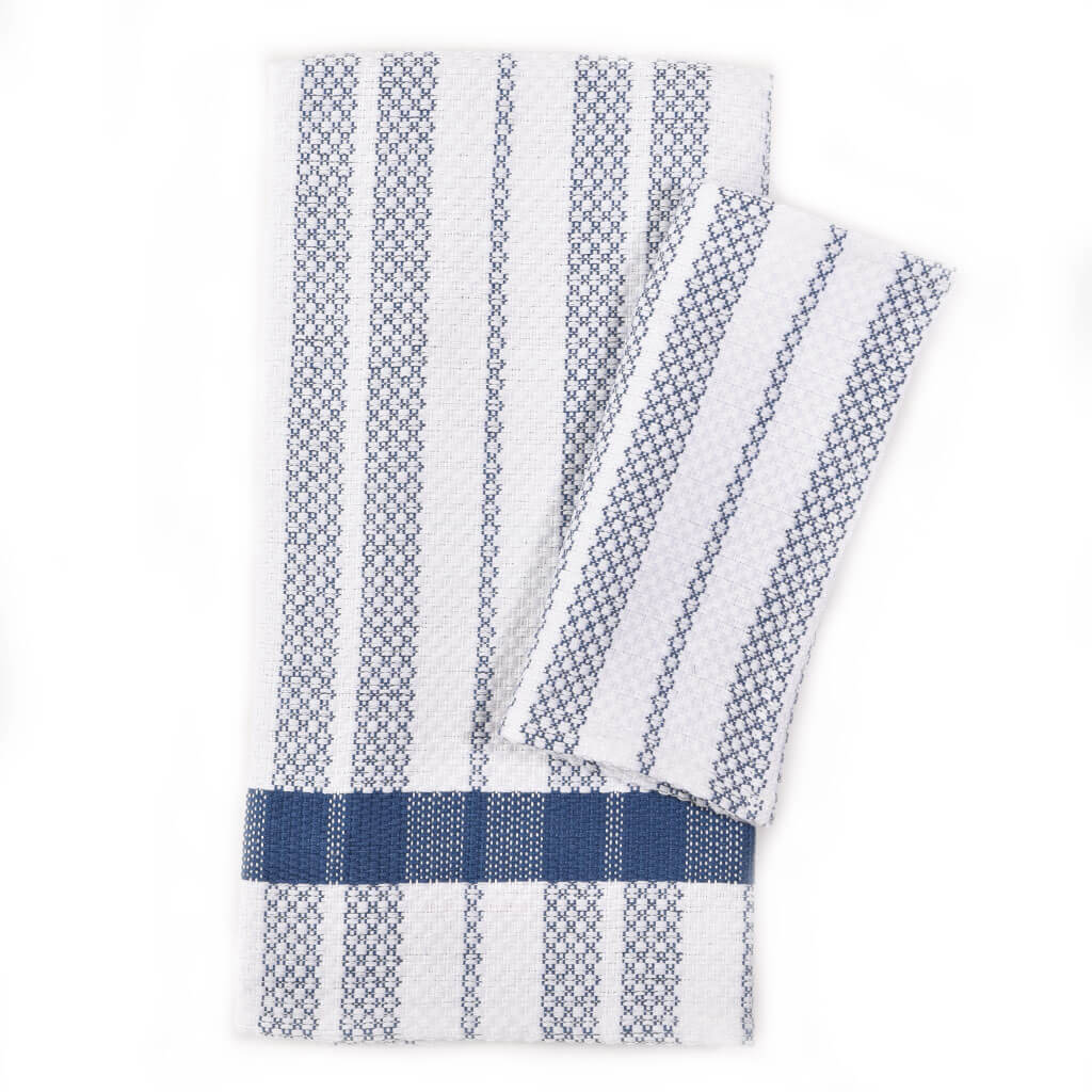 Hand Woven Hache Dish Towel with Dish Cloth | Blue Gray & White Stripes with Border