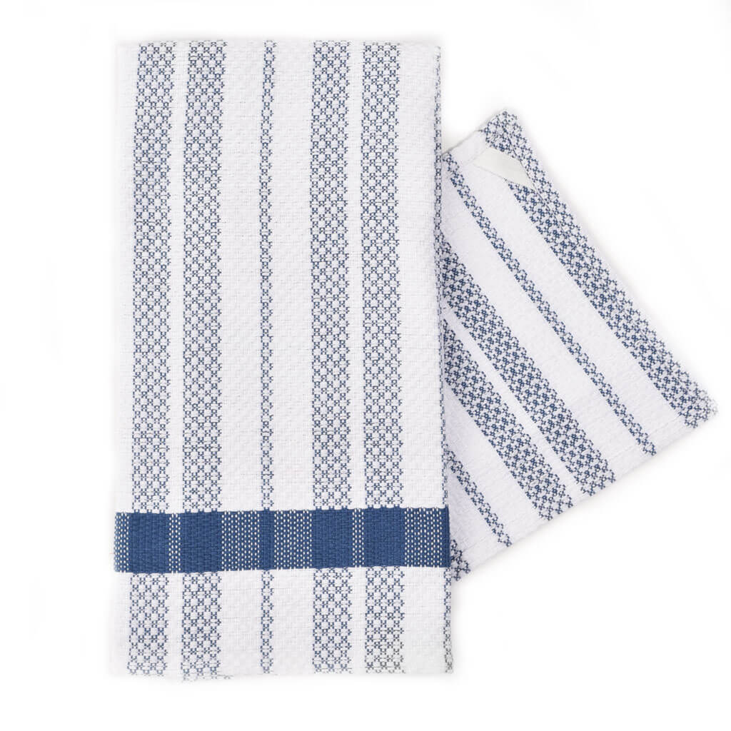 Hand Woven Hache Dish Towel with Dish Cloth | Blue Gray & White Stripes with Border