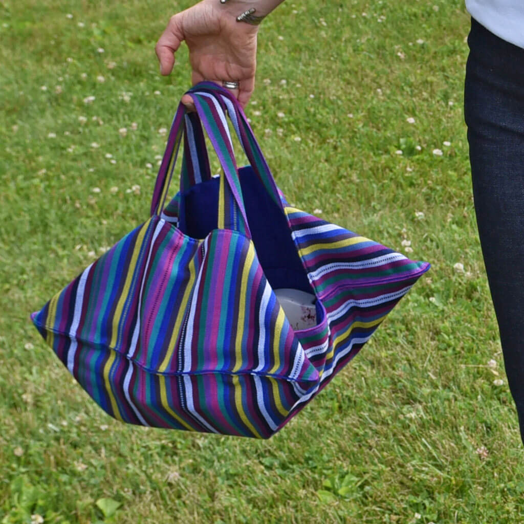 Hand Woven Covered Dish Tote | Cobalt Blue Stripes