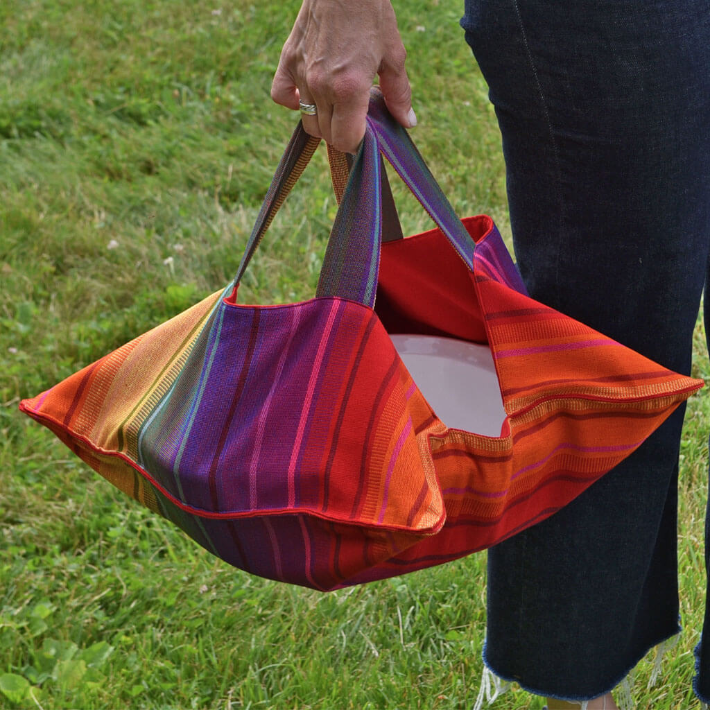 Hand Woven Covered Dish Tote | Bright Rainbow Stripes