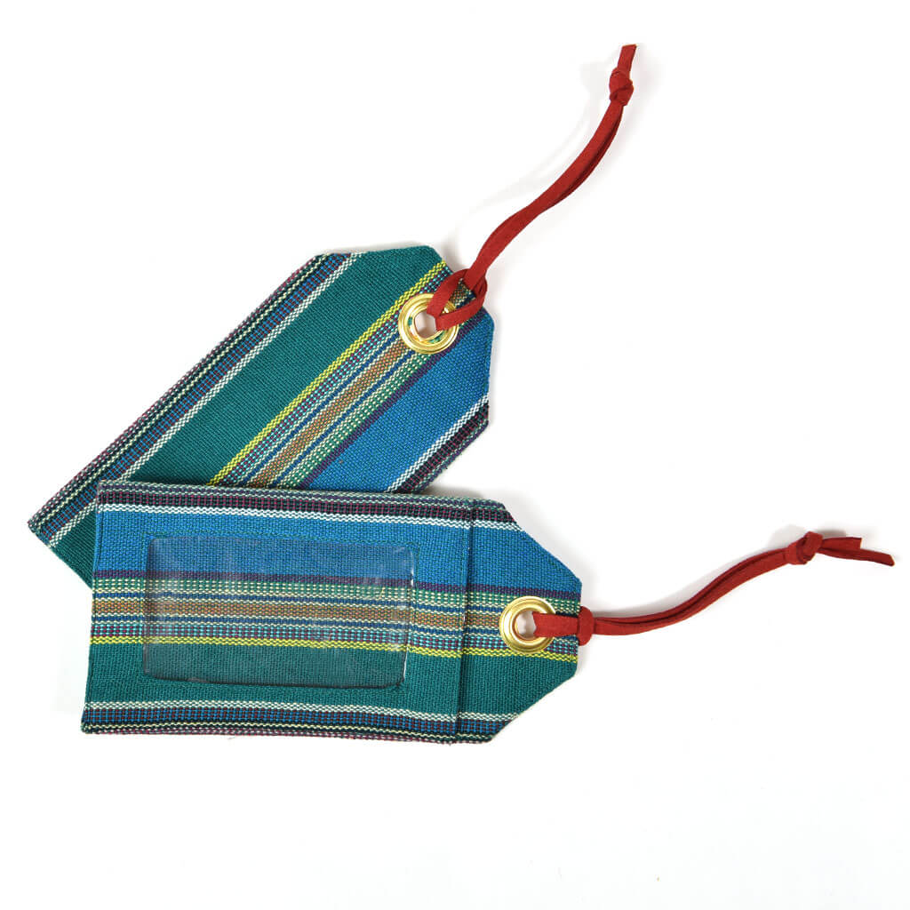 Turquois with stripes luggage tags. 