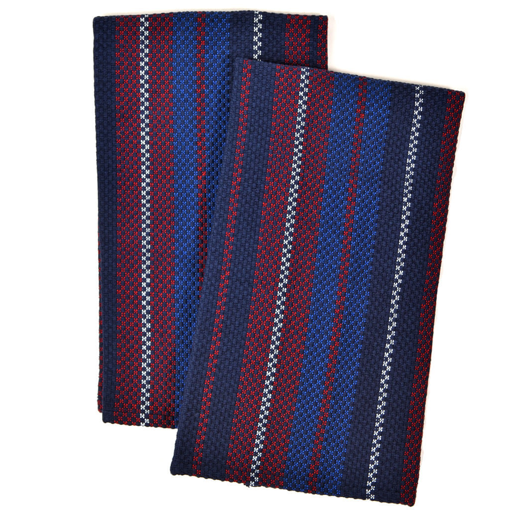 Hand Woven Hache Dish Towels | Red White & Blue Stripes on Blue